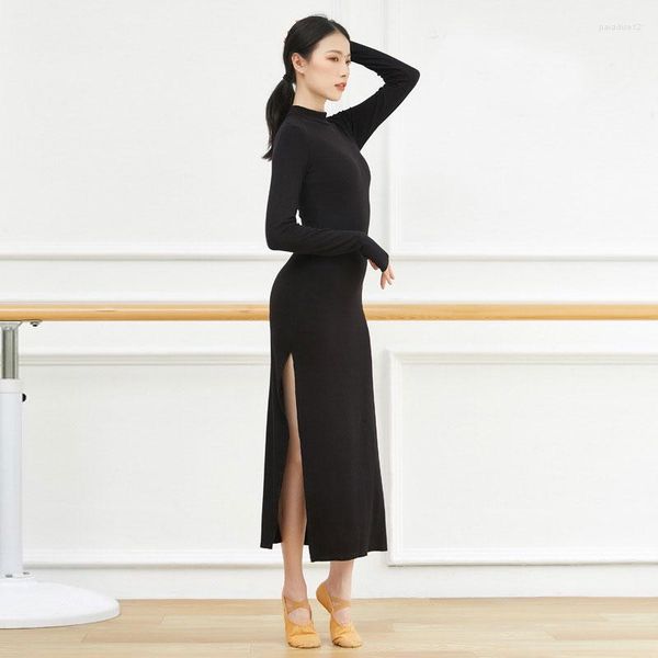 Palco use vestido de dança lateral lateral sexy malha traseira longa valsa prática latim para mulheres trajes modernos