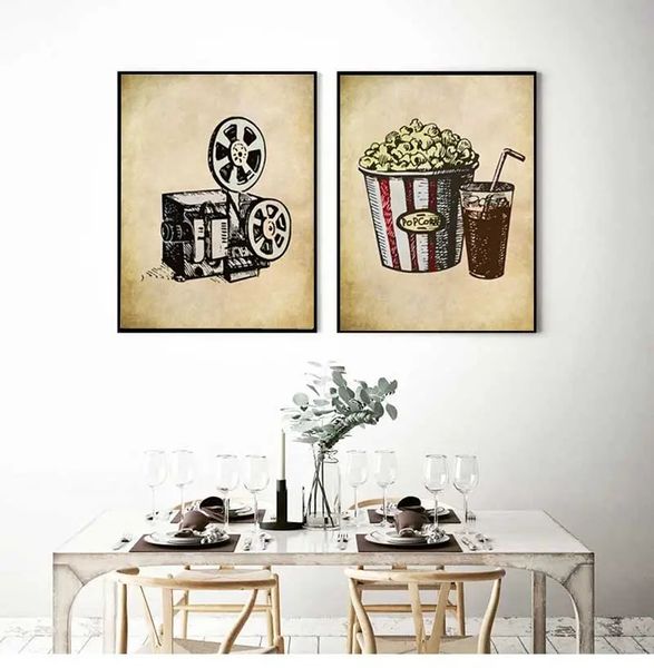 Cinema cinema vintage pintando arte parede de parede de imagens de pipoca de pipoca clapper poster retro decoração home decoração para sala de estar de cinema sem moldura wo6