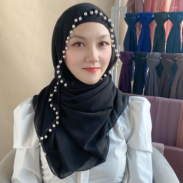 Abbigliamento etnico 10pcs a catena perla bordo hijabs musulmano golle chiffon sciarfaso a scialle di colori solidi a fascia islamica foulard turbante