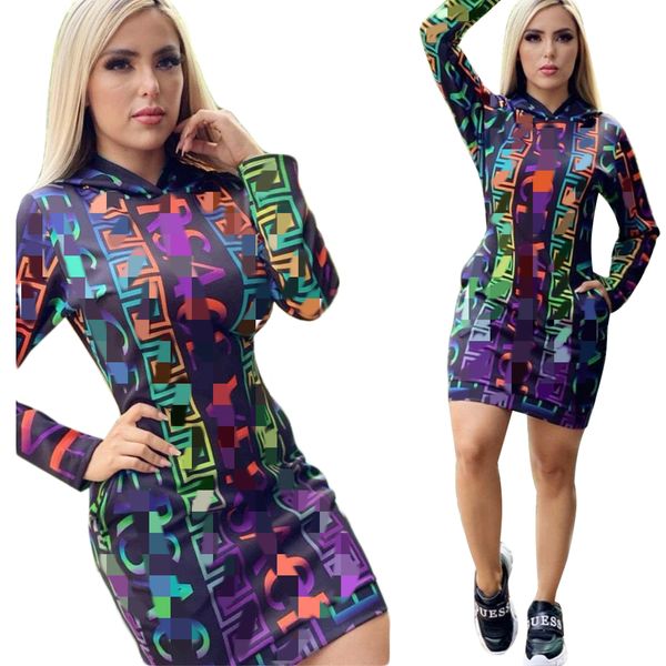 2023 Kapuzenkleider Frauen lässiger Druck Langarm Bodycon Kurzmini Kleid kostenlos Schiff