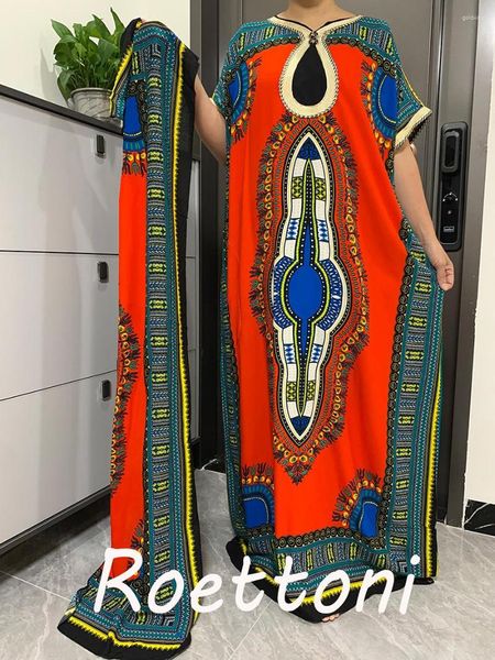 Padrão de roupas étnicas Imprimir moda muçulmana África Africa de mangas curtas Vestidos de kaftan soltos Dubai maxi manto com lenço para sets
