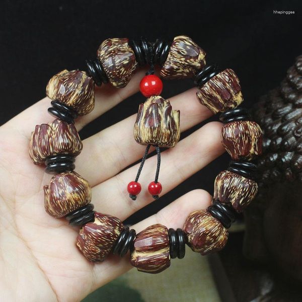 Strand perline di legno naturale Bracciale fiore di loto uomo e donna in legno di preghiera di preghiera di meditazione buddista