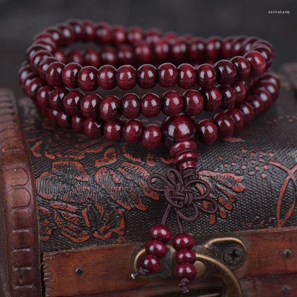 Strand 3-camadas de pulseira de madeira de sandália vermelha 108 contas 6mm 3 círculos de miçangas para mulheres e homens Acessório de jóias para as mãos