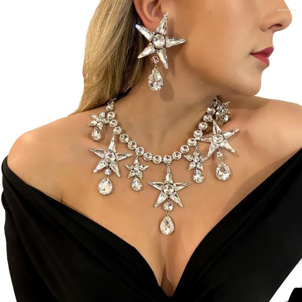 CHOKER STARS Full-Diamond Halskette Ohrring Set Hochzeit Bridal-Strass-Kristallparty-Accessoires für Frauen