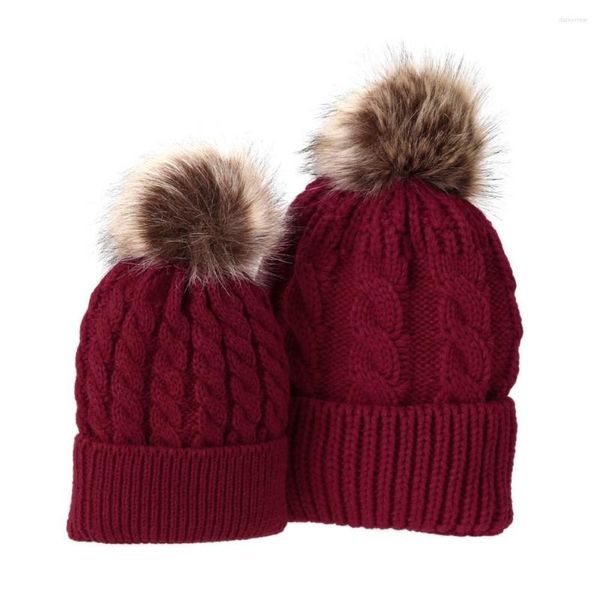 Boinas moda fofa gorro de inverno Caps pompon chapéus quentes peles bobble crianças algodão tricotado chapéu-filho para mamãe e bebê