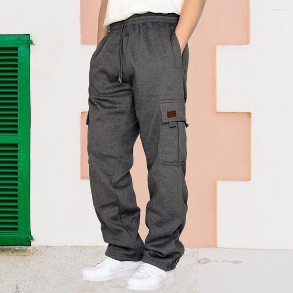 Pantaloni da uomo maschi casual tasche versatili pantaloni a gamba larga eleganti con elastici di cintura