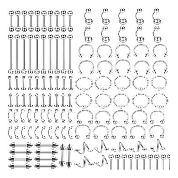 Anelli di lingua gioielli gioielli gioielli all'ingrosso 120pcs mescolare stili in acciaio inossidabile corpo piercing al sopracciglia anello naso del naso aessories gocce gas dho dho2s