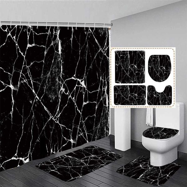 Cortinas de chuveiro preto branco mármore cortina de chuveiro conjunto arte abstrata padrão texturizado moderno decoração do banheiro antiderrapante tapete de banho capa