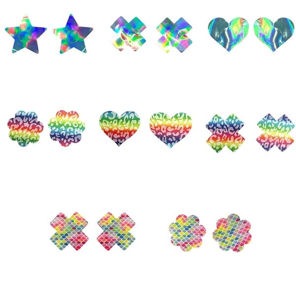 Pad Pad Holográfico glitter arco -íris colorido descartável adesivo picaites tampas mamilos estrela cross Heart Petal Shape