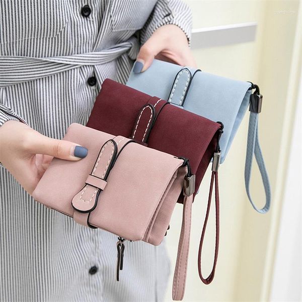 Carteiras multifuncional bolsa curta dobra feminino cordão nubuck couro com zíper com pulso strap senhoras embreagem feminina