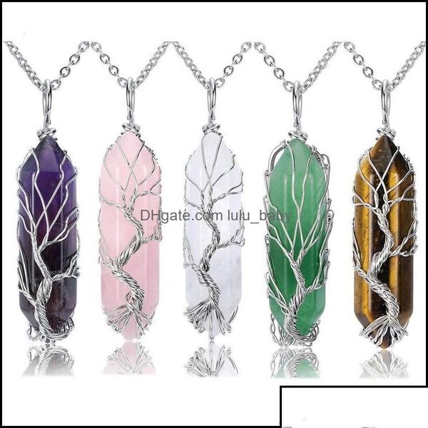 Colares pendentes pingentes jóias e fios de cobre embrulhados em árvore de vida colar de pedra natural rosa -rosa Amethyst P dhcgs gota dhmkv