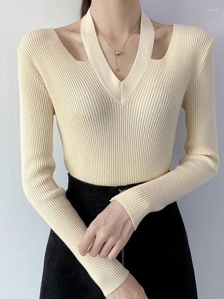 Frauenpullover schwarzer Strickpullover sexy hohl aus Frauen 2023 Herbst Winter Kleidung Halfter gegen Nacken Langarm Top Slim Pullover Frau