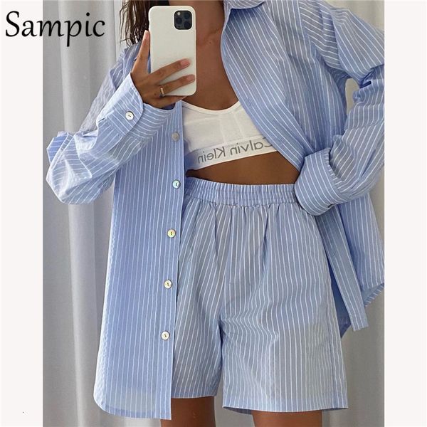 Calças de duas peças femininas Sampic Loung Wear Tracksuit Women Shorts Definir tampe de manga comprida Tamas de camisa e cintura solta mini shorts de duas peças 230818