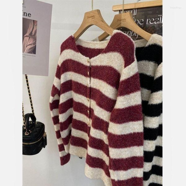 Женские трикотаж Gagaok French Vintage Contrast Stripe Triped Sweater Cardigan осень/зимний металлический пуговица Streetewear