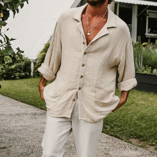 Camicie casual maschile magliette bianche camicetta uomo maniche lunghe di lino in cotone vintage in seta largo ropa chimica homme 230818