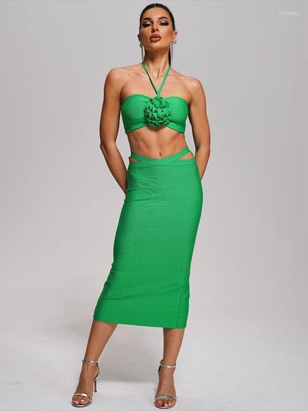 İki Parça Elbise Bevenccel 2023 Kadın Yeşil Seksi Sıkı Top 2 Bodycon Orta Buzağı Bandage Çiçek Kutlaması Gece Kulübü Parti Seti