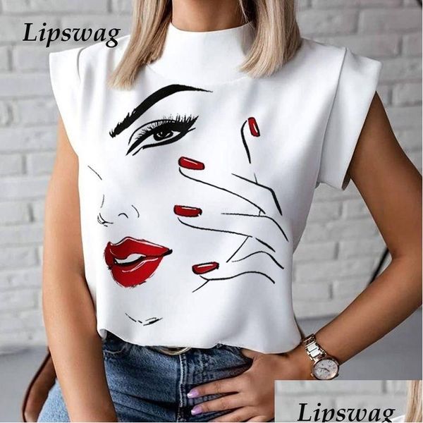 Frauenblusen Hemden elegante rote Lippen gedruckte Bluse Frauen O Hals Kurzarm Basic Tops Sommer lässig weibliche Plover -Plover -Hemd Hemd Blus Dhoeg