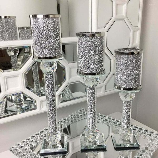 Dekorative Figuren Kristall zerkleinert Diamant im silbernen Bling Mirror Glass Candlestick Halter, um Ihr Haus / Büro Luxus zu funkeln