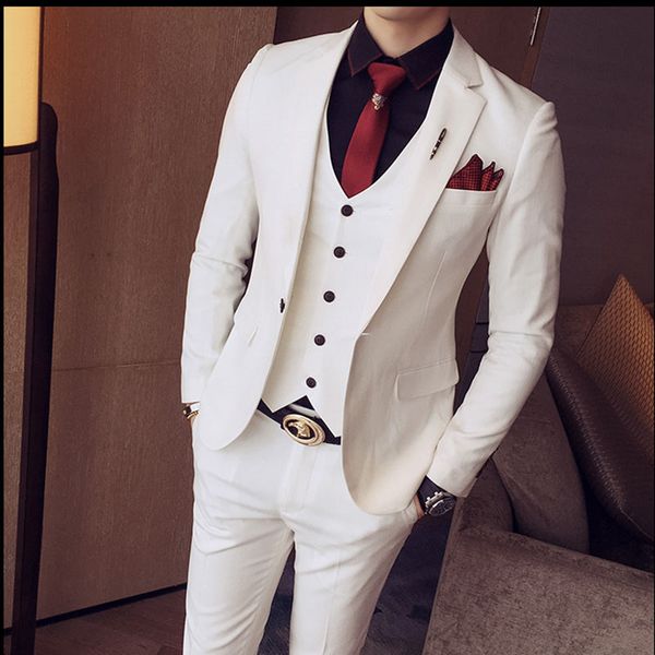 Мужские костюмы Blazers Slim Fit White Men 3 Piece Свадебный смокинг, повседневный стиль мужской модный пиджак с брюками
