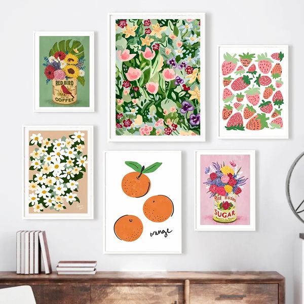 Cocktail Zinn Orange Erdbeer abstrakte Blume Leinwand Malerei Ästhetik Retro Fruchtplakat Wandkunst Drucke Bilder für Wohnzimmer Küche Dekor kein Rahmen wo6