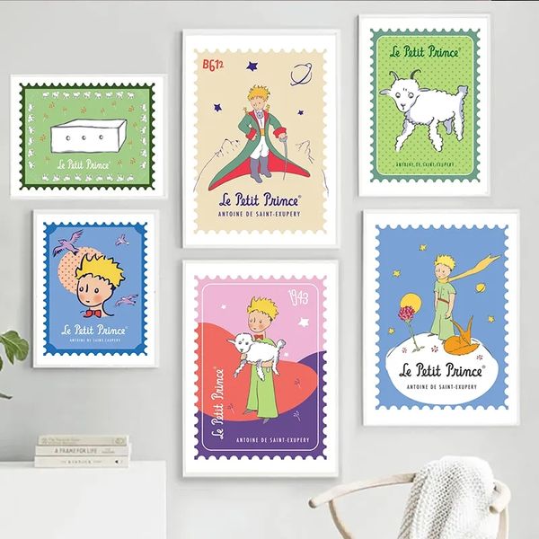 The Little Prince and Rose Fox Sheep Friendships Tela Painting Cartoon Stamps Poster e Stampa Wall Art Picture per bambini Dispositivo di soggiorno Non cornice wo6