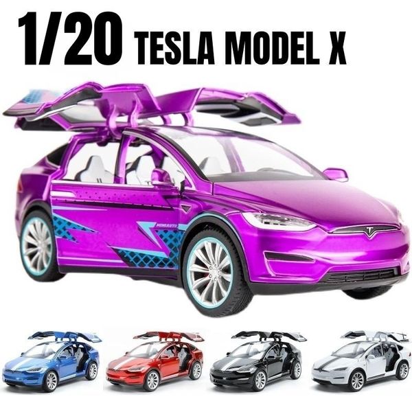 Diecast Modelo 1 20 Tesla x Metal Toy Car 1 20 Miniature Light Loy Vehicle Pull Back Sound Light Collection Presente para menino crianças 230818