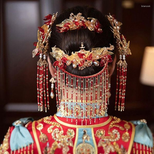 Волосы зажимают китайское платье Xiuhe Red Blue Headrress Bride Phoenix Set Set Sward Clothing аксессуары для женщин