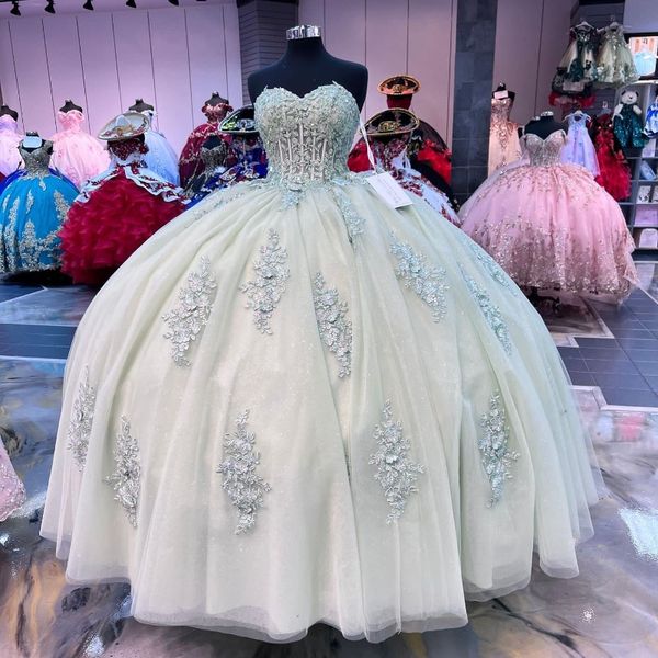 Mintgrüne Prinzessin Quinceanera Kleider 2024 Schulterfrei Spitze Applikationen Perlen Ballkleid Sweet 16 Kleider Vestidos de 15