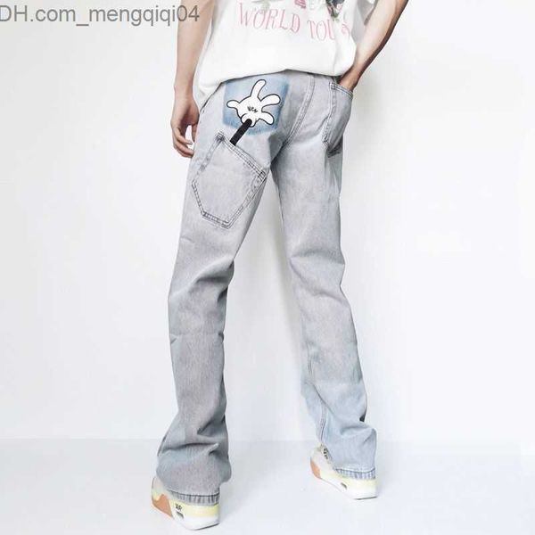 Мужские брюки US Street Print Offset Light Colorced Jeans Y2K Мужские и женские свободные подходящие бренд для хип-хопа.