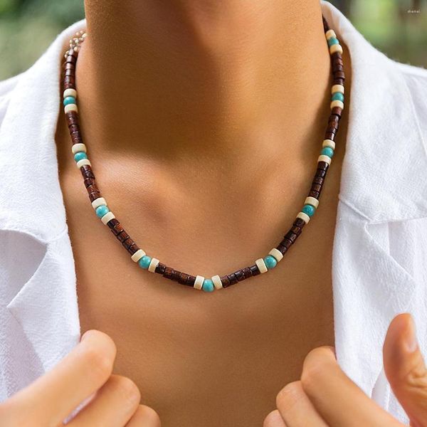 Choker Kunjoe Bohomia Natural Green Stone Halsketten für Männer Vintage braune Holzperlen Kurzkette Strand Surfer Halskette 2023