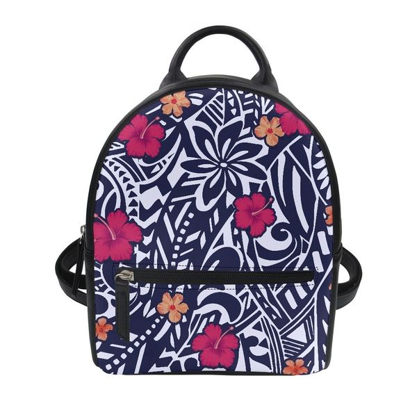 Школьные сумки Cumagical Ladies Custom Оптовая полинезийская дизайн Тонга Гавайский Hibiscus Flower Print Pu Кожа маленькие рюкзаки для женщин 230818