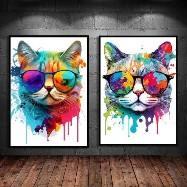 Leinwand Malmalerei Buntes Katzen Tier moderne Wohnzimmer Ästhetische Plakatwandkunst Home Home Kinder Schlafzimmer Dekor Geschenke kein Rahmen wo6