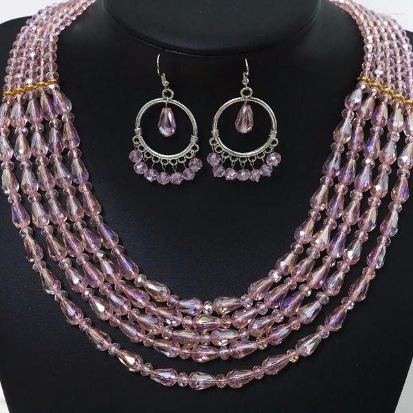Orecchini da collana impostati 5rows unici per donne in vetro di cristallo rosa Abacus lacrima perle matrimoniali Gioielli regalo B1909