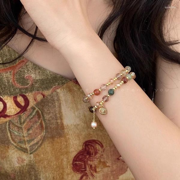 Bracelets de charme Kadrufi Vintage Luxury Bilayer Imitation Chalcedony Pearl Breaded Bracelet for Women Chinese Style 2023 Jóias da moda