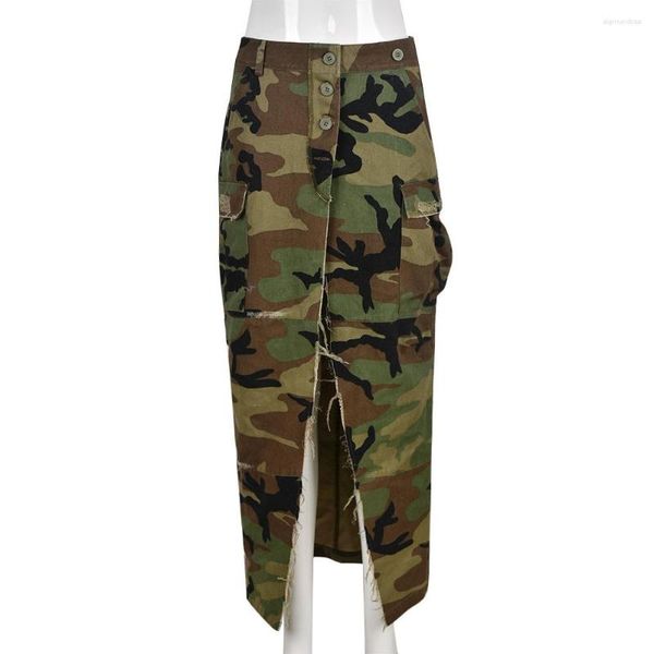 Saias Roupas femininas O outono da moda de inverno característica verde camuflagem cinza midiskirt meninas fendas legais com saia de bolso de borla