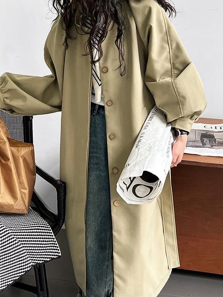 Trench femminili Coat in stile coreano autunno collare a vento a vento per le donne - pazzo di lunghezza di lunga durata con una vita con cintura.