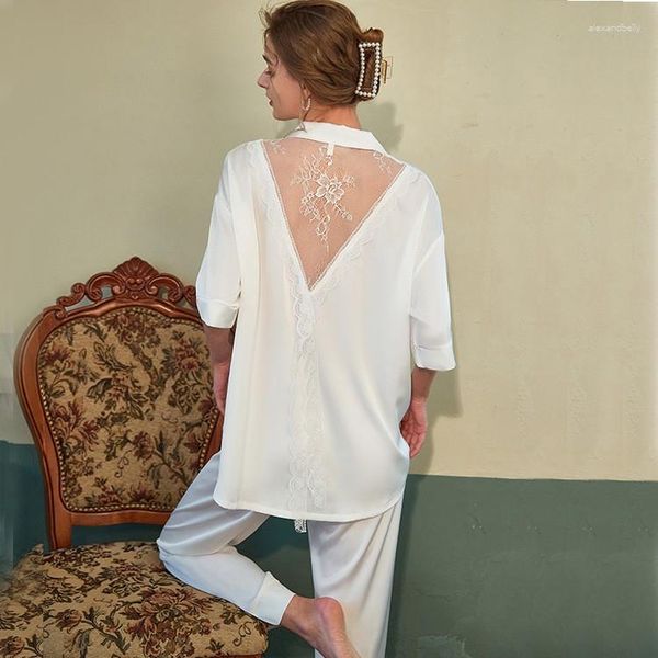 Frauen Nachtwäsche weiße 2pcs Pyjamas Sets sexy hohle Spitze floralrückenloser Pyjamas Anzug M-XL Sommer Dünne Nachtwäsche Home Keeing