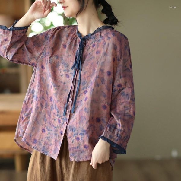 Blusas femininas johnature mulheres ramie imprimem camisas florais e tops de manga longa outono 2023 botão de estilo chinês feminino vintage