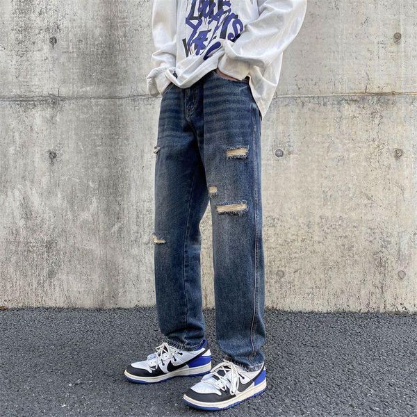 Jeans masculinos Autumn Men jeans calças largas de pernas largas estilo coreano liso azul hip hop alta cintura calça as calças masculinas z80
