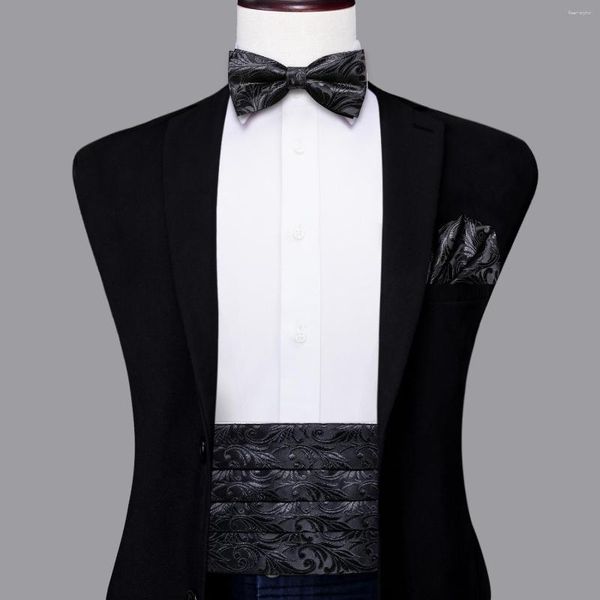 Gürtel schwarze Seiden -Herren Cummerbunds Vintage formelle Jacquard Blumenblättere Hanky ​​Manschettenknöpfe Gürtelkorset für männliche Hochzeit Promquet Geschenk