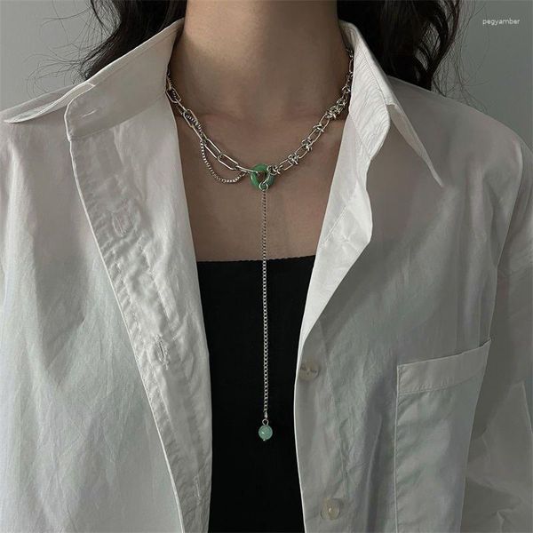 Ketten grüne Jade Quasten Halskette für Frauen Luxus runde Anhänger Kette Choker Hals Y2K Ästhetische Design Damen Edelstahlschmuck