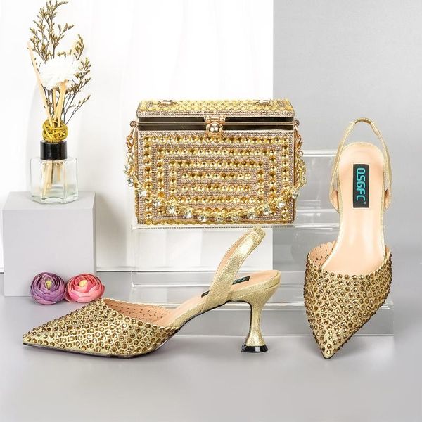 Kleiderschuhe Full Diamonds Gold Med Heels mit kosmetischer Box-Tasche spitzstiletto edel und großzügige Dekoration für Party 38-43