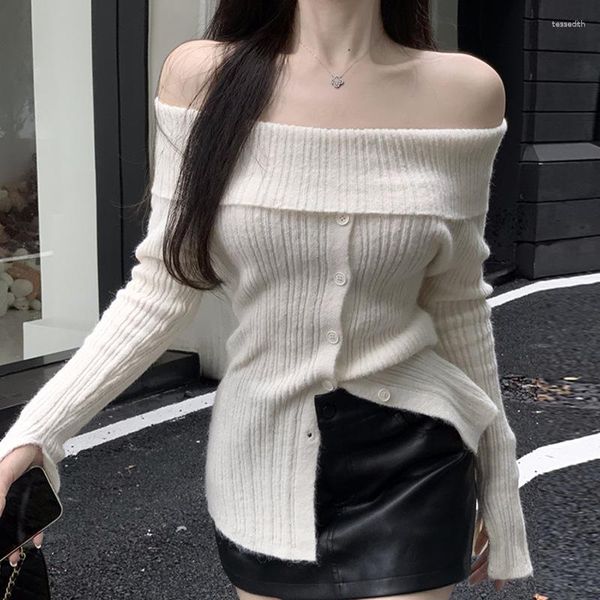 Kadın Sweaters Kore Moda Y2K Style Tek Omuzlu Uzun Kollu Süveter Kadınlar için Sonbahar Seksi Straplez İnce Örme Sulağı Üstleri