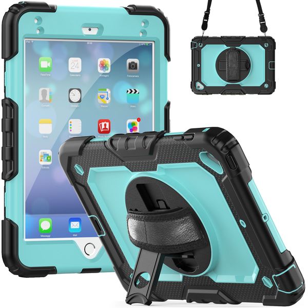 Hand Grip Kickstand Tablet PC Casos para iPad mini 6 5 4 Samsung Galaxy Tab A T307 T290 T295 T387 Silicone TPU Hybrid 360 Tampa de choque rotativa com alça ajustável