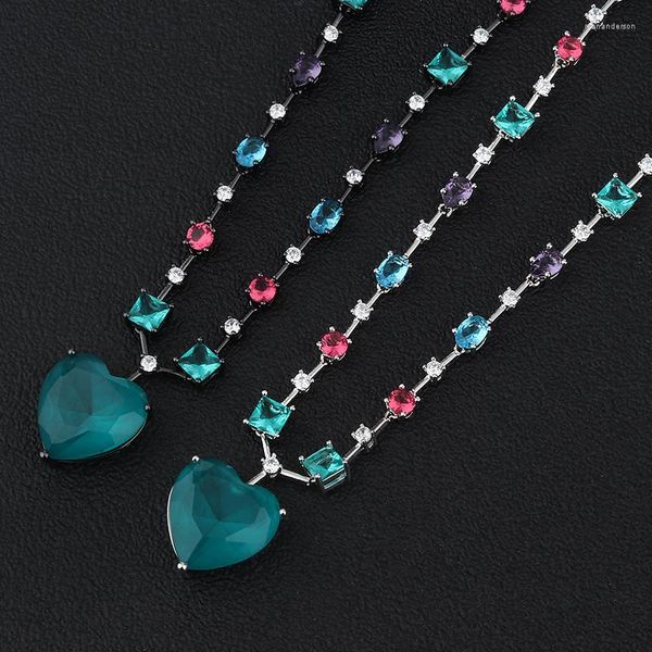Подвесные ожерелья Eyika Green Fusion Crystal Big Heart Mix Цвет Циркон Черный серебряный колье для женщин для женщин