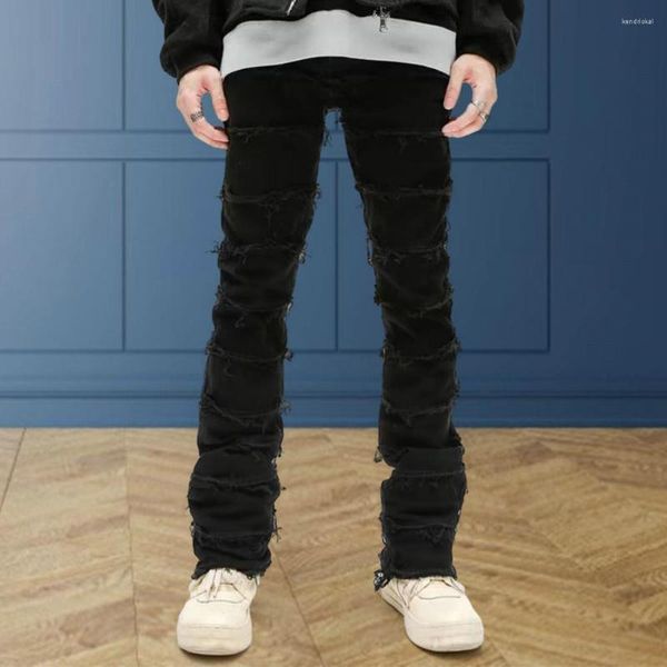 Мужские джинсы Burr Edge Design Black Streetwear Джинсовые брюки для мужчин Slim Fit Ruped Mid-Rise Pright с ногой с