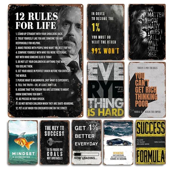 12 Regras para a vida Citação de metal placa placa metal slogans motivacionais de lata de lata decoração de casa engraçada decorativa de metal poster decoração de parede pintura 30x20cm w01