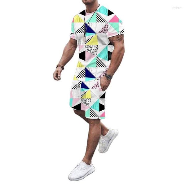 Erkek Trailtsits Yaz Men T-Shirt seti üstleri moda şort 2 adet 3D baskı tasarımı renkli desen basit günlük sokak kıyafeti
