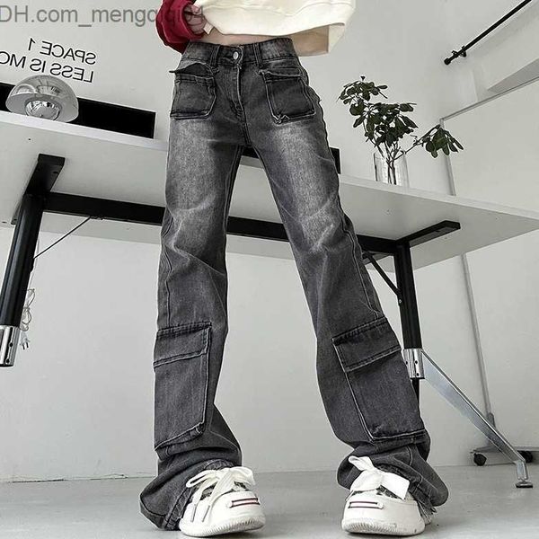 Calças masculinas American Oversized Retro Lavagem de Multi Pocket Tool Jeans para Menina Mini Mini Mini Flame Z230819