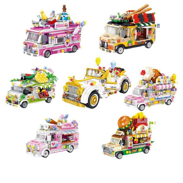 Kit modello Pop it Toy Città Camion dei gelati Street View Carrozza da pranzo Mini blocco Barbie Auto Cibo Snack Negozio Mattoncini da costruzione Giocattolo per ragazza Macchina da campeggio Barbie Giocattolo Giocattolo di plastica